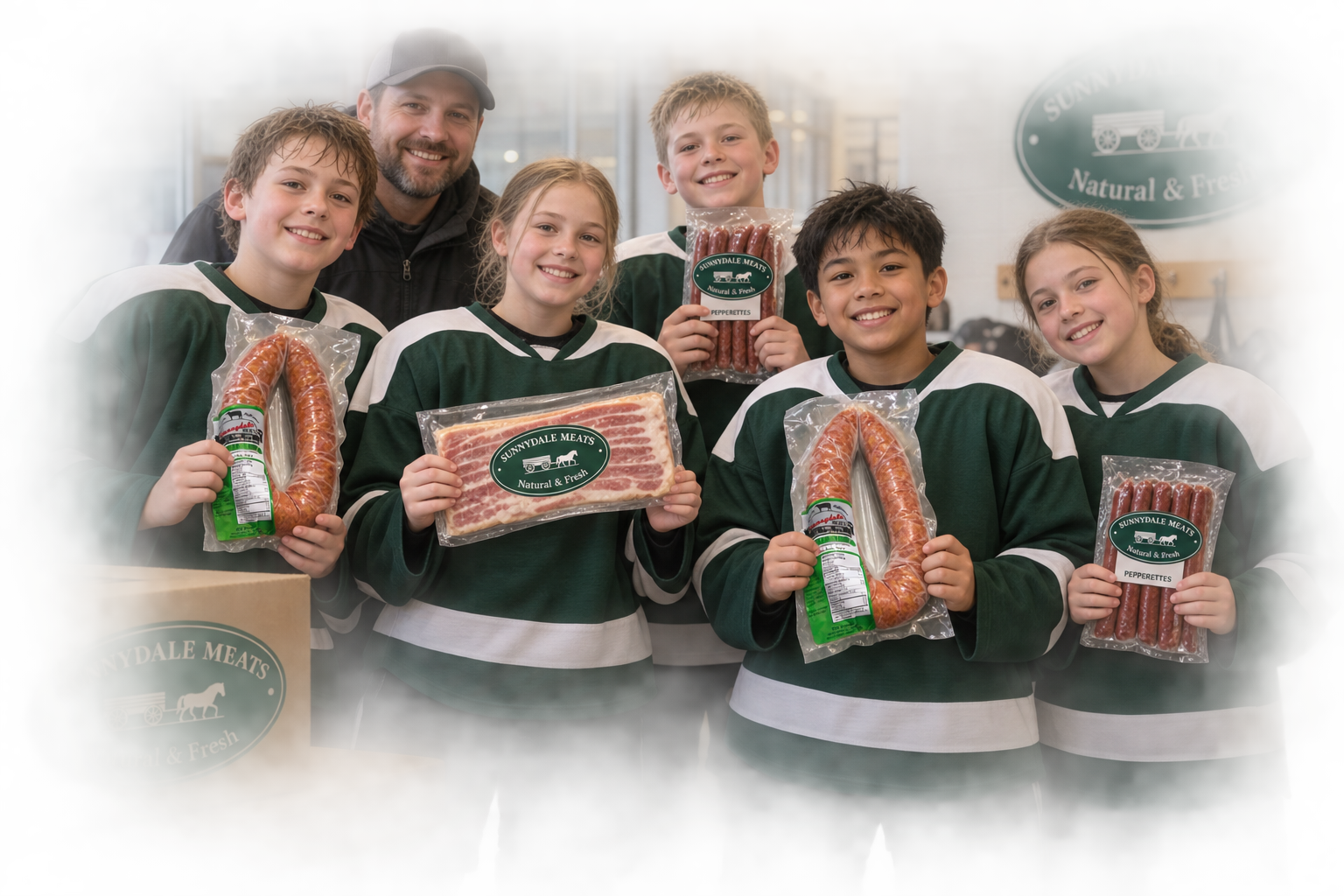 A Saskatchewan youth hockey team holding Sunnydale Meats fundraising products